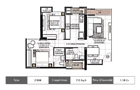Rustomjee Urbania Azziano Floorplan 2 BHK 713 SqFt