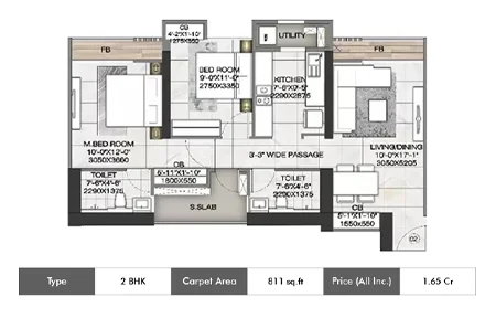 Rustomjee Urbania Azziano Floorplan 2 BHK 811 SqFt
